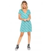 Vestido Estampado Curto Transpassado - Azul Piscina com Preto