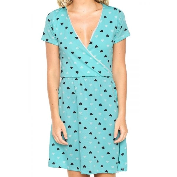 Vestido Estampado Curto Transpassado - Azul Piscina com Preto