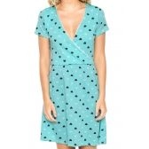Vestido Estampado Curto Transpassado - Azul Piscina com Preto