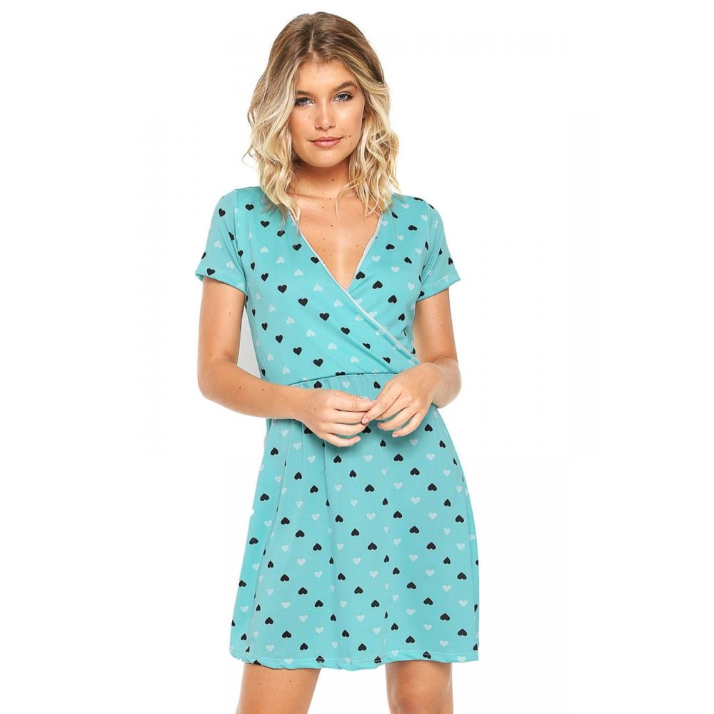 Vestido Estampado Curto Transpassado - Azul Piscina com Preto - Meu Vestuário Vestido Estampado Curto Transpassado - Azul Piscina com Preto - Meu Vestuário