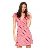 Vestido Estampado Curto Transpassado - Rosa com Preto